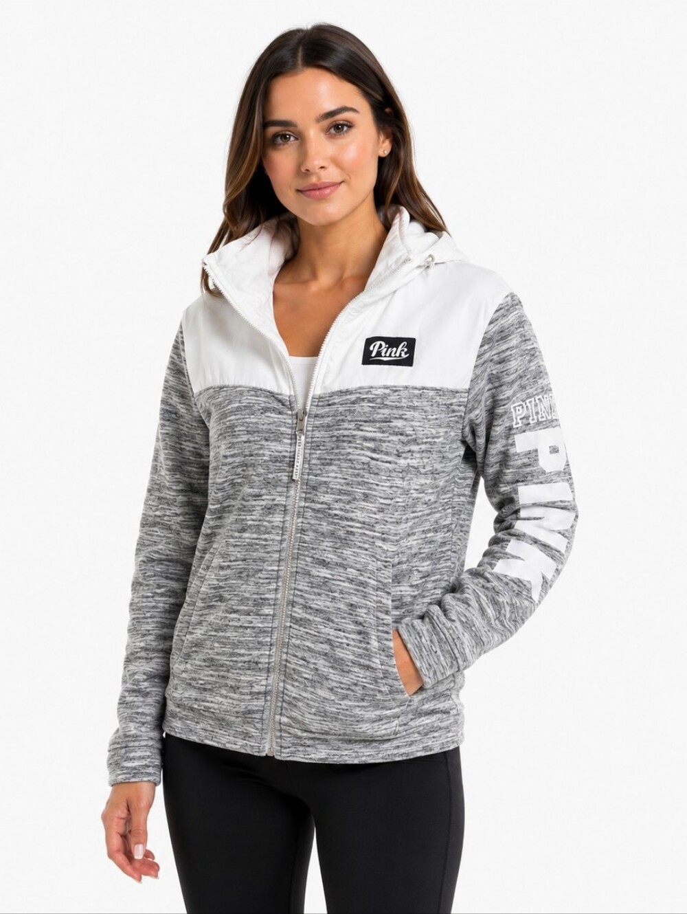 PINK Victoria's Secret Full Zip Fleece Hoodie Gray White Medium sweatshirt
